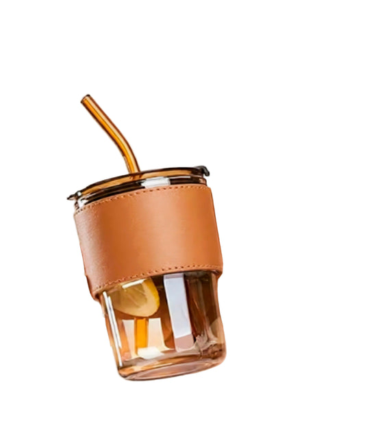 MELLORA™ Leather-Grip Coffee Tumbler with Glass Straw – 400ml