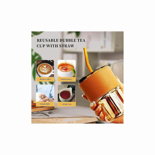 MELLORA™ Leather-Grip Coffee Tumbler with Glass Straw – 400ml