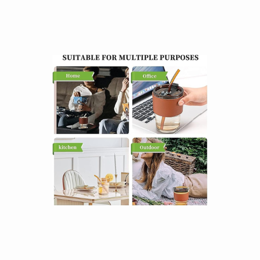 MELLORA™ Leather-Grip Coffee Tumbler with Glass Straw – 400ml